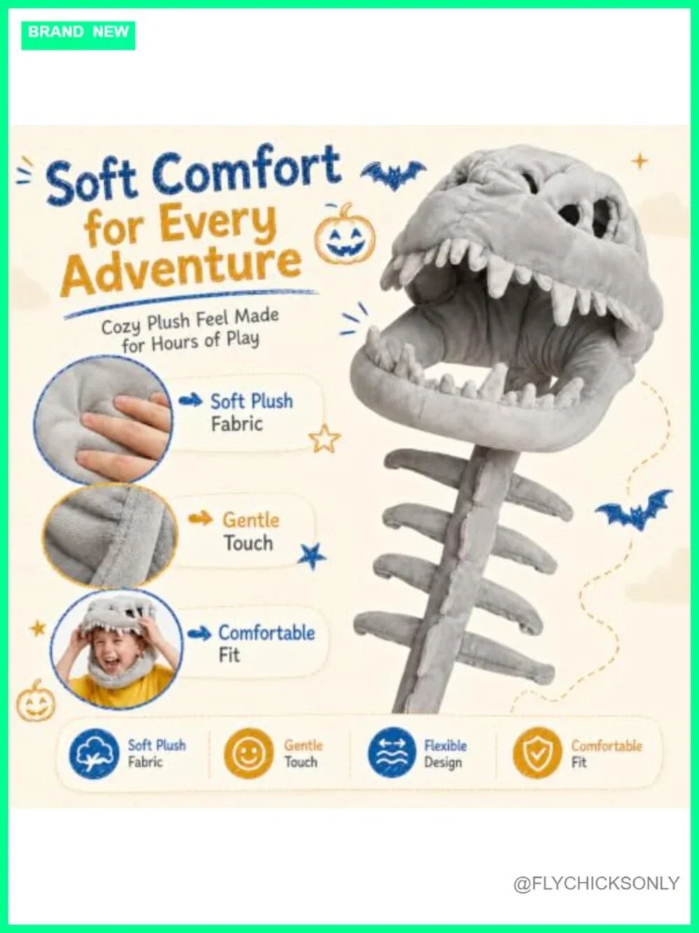 Kids Dinosaur Skeleton Halloween Costume Plush Onesie Pull-On